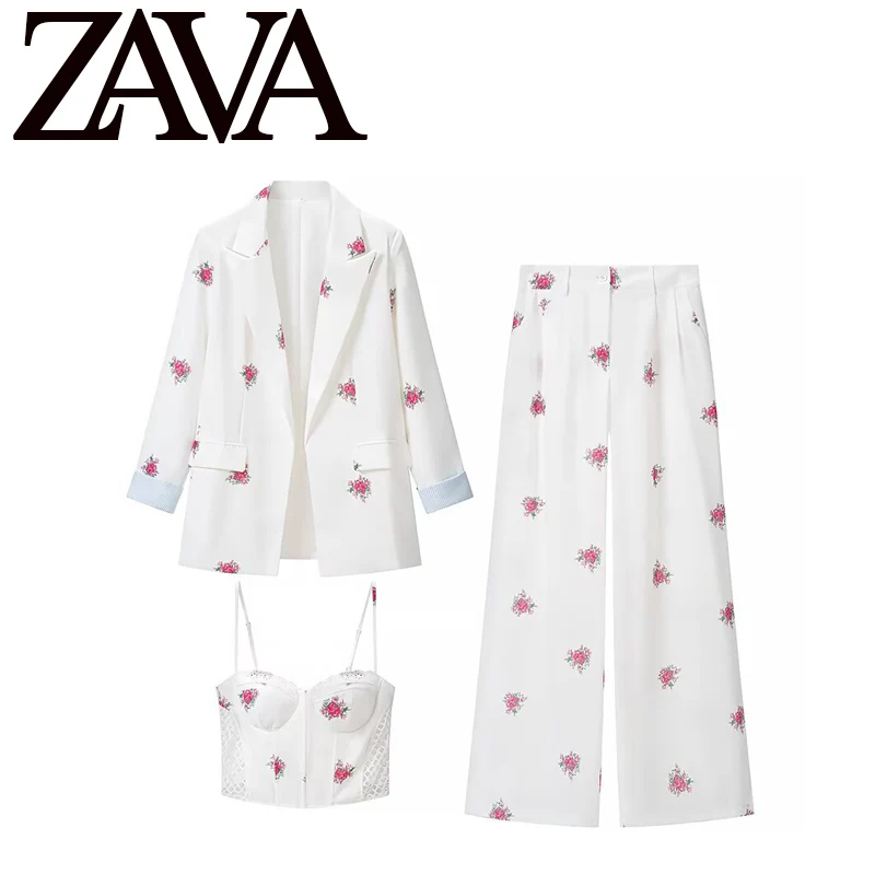 Fashionable Versatile Women's Suit Set with Blouse And Wide Leg Pants Long Sleeve Floral Print Three Piece Ensemble for All S...