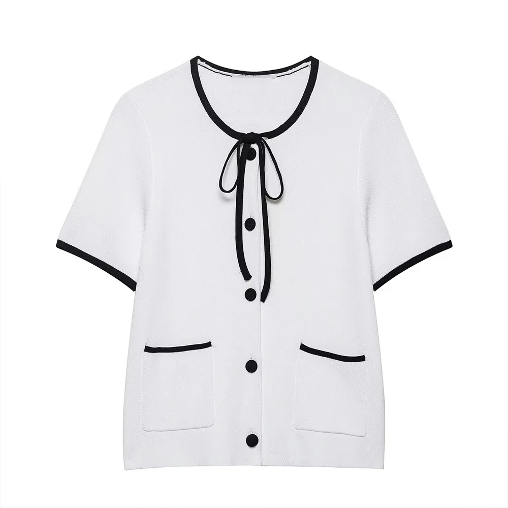 

2025 early autumn French small fragrance style necklace lace-up knitted short-sleeved cardigan new lady top