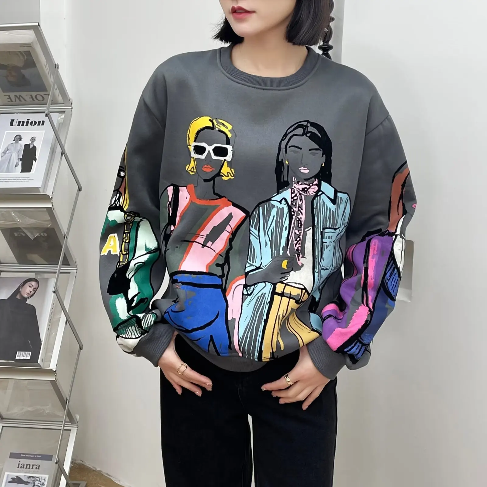 2024 New Autumn Winter Fashion Women Print fleecing hoodie Vintage O-Neck Long Sleeves Casual Loose Female Pullovers Sweatshirts