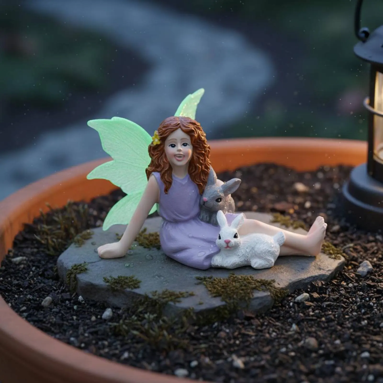 Figura de niña y conejo, diseño de fantasía, brilla en la oscuridad, adorno de conejo, estatua de conejo de resina, accesorio lindo para casa de muñecas, para exteriores