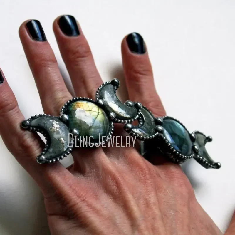 10 pezzi Labradorite pirite Crescent Moon Statement Ring Halloween Goth Gothic Retro Stainless Steel Boho Women Jewelry Cool Stuff