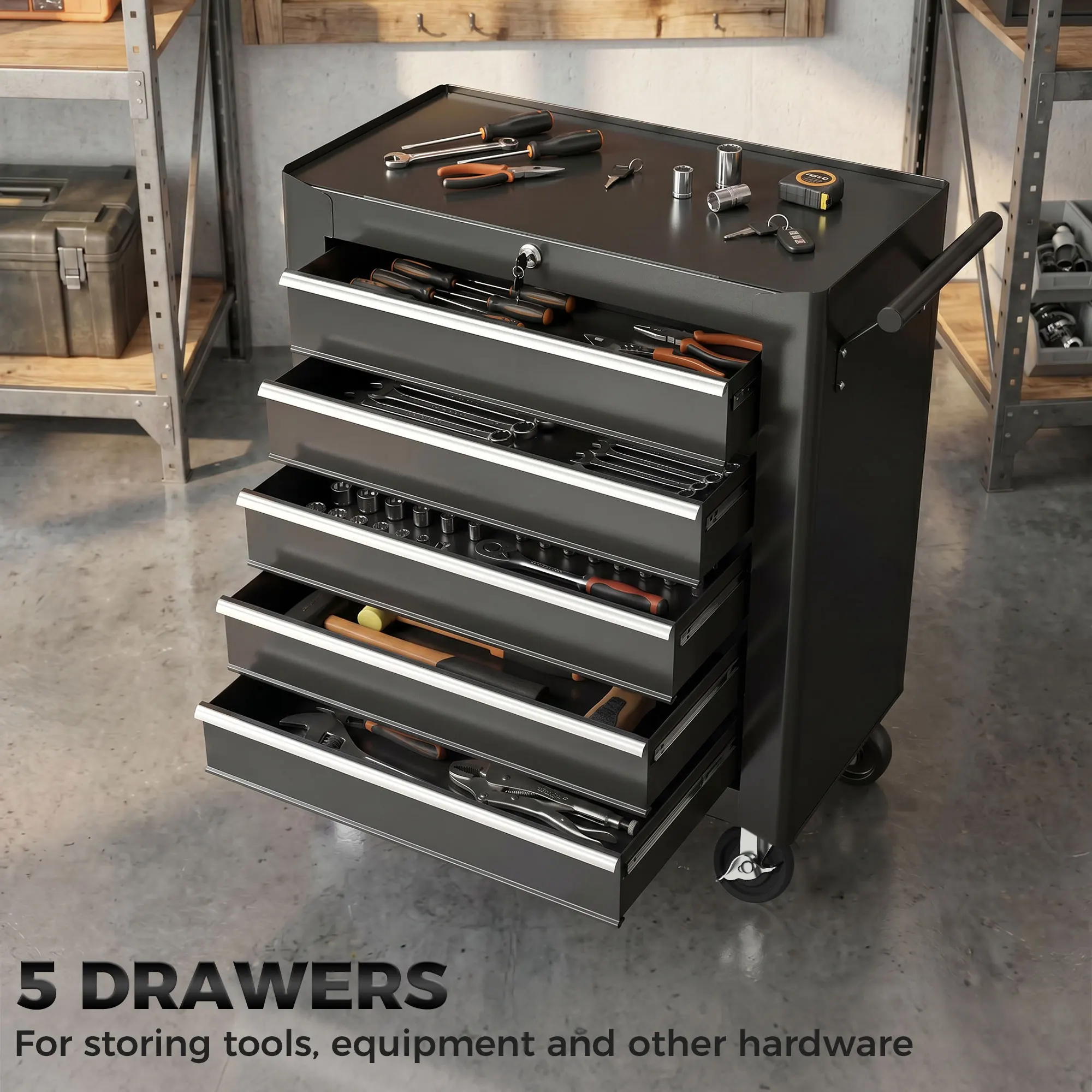 HOMCOM 5-Drawer Tool Chest Steel Lockable Tool Storage Cabinet w/ Wheels Black