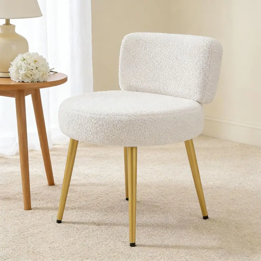 White Teddy Accent Chair Modern Upholstered Vanity Chair with Gold Metal Legs, Compact Armless Dressing Table Chair for Bedroom