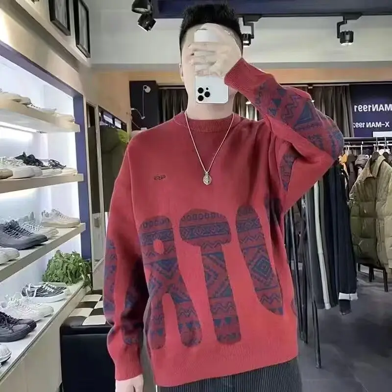 2024 New Sweater Men's Versatile Contrast Color Letter Fashion Casual Knitting Trend Minimalist O-Neck Loose Long Sleeved Tops