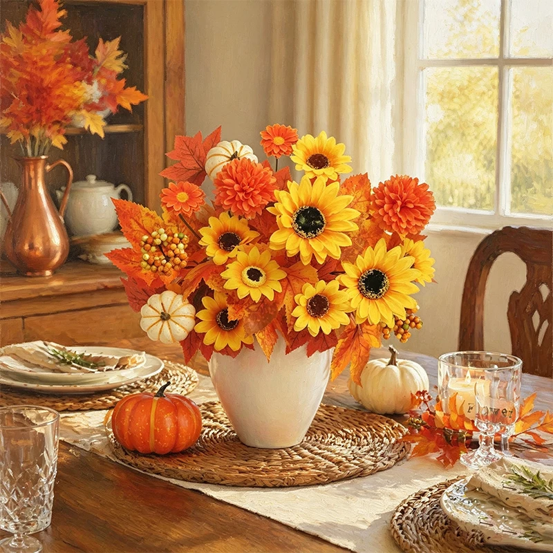 2026 Herbstdekoration Künstliche Herbstblumen Kunstseiden-Rosen-Sonnenblumen-Bouquet für Heim-, Hochzeits-, Garten- und Tischdekoration – Detail 4