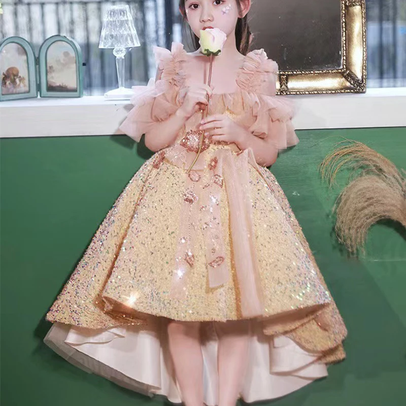 Children Prom Dress ChicTulle Off The Shoulder Gold Sequined Princess Dresses Kids Girls Party Performance Costume Ball Gown2023