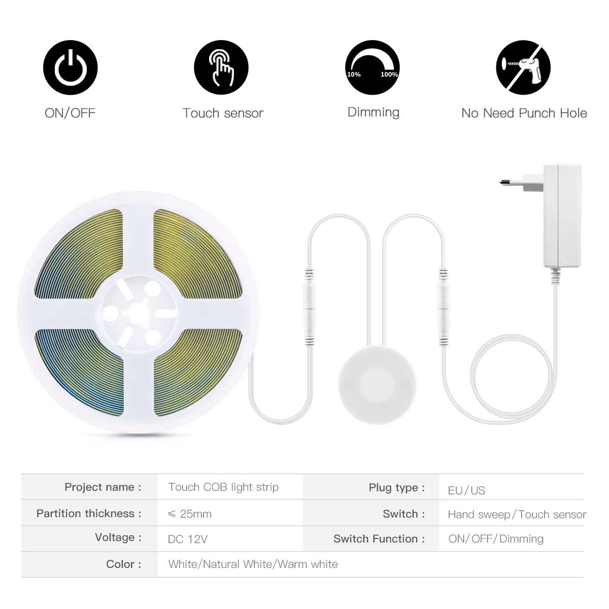 12V COB LED 스트립 조명 핸드 스윕 터치 센서 스위치 고밀도 유연한 LED 테이프 3000K 4000K 6500K 주방 룸 장식