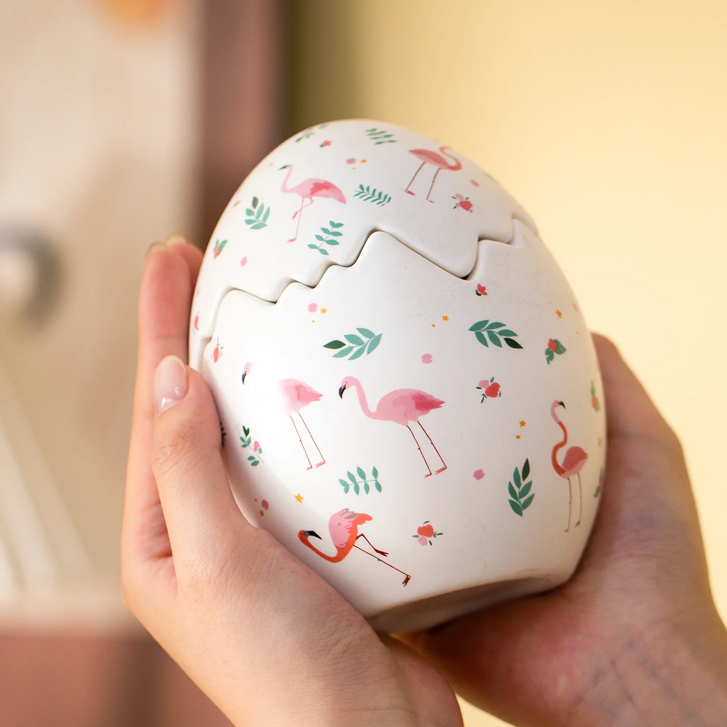 Ceramic Egg Shaped Cookie Jar with Grass and Flamingos Egg Easter Canister Home Decor
