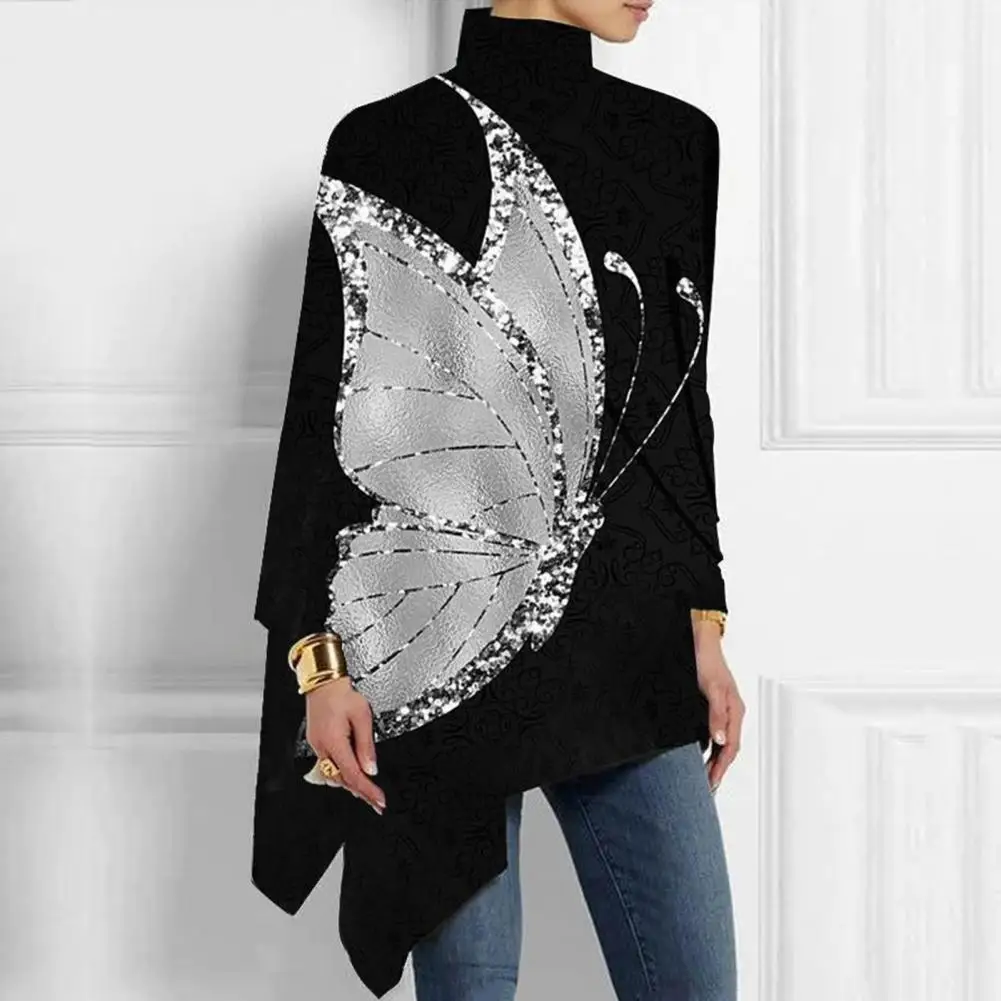 

Women High Collar Blouse Butterflies Print Irregular Hem Long Sleeve Loose Blouse Fashionable Mid-length Long Sleeve T-shirt