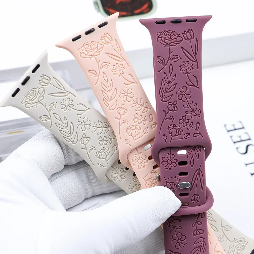 Correa de silicona con grabado Floral para Apple Watch Ultra 2, banda de 49mm, 45mm, 40mm, 41mm, pulsera de moda para IWatch Series 9, 8, 7, 6, 5, 4, 3, se