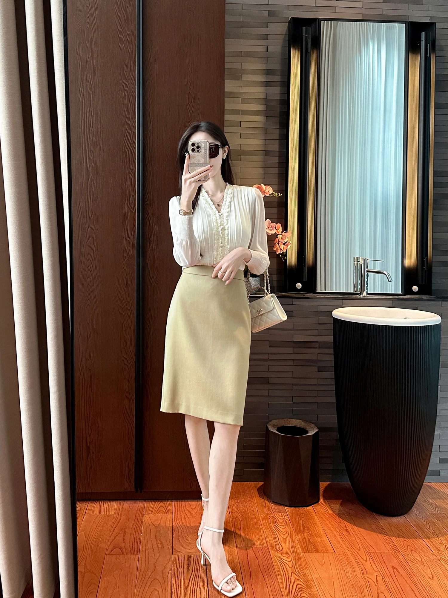 

YOU SEE Women's V-neck Lace Trim Pleated Shirt Korean Style Commute Fashion Waist-cinching Hollow out Splice Long Sleeve