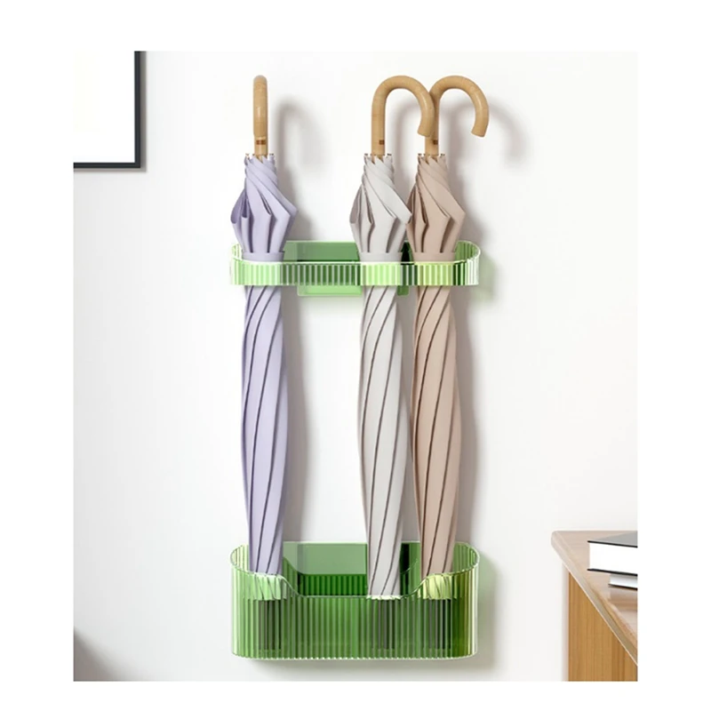 Green Wall Mounted Umbrella Organizer Holder Adjustable Umbrella Storage Rack With Drip Tray