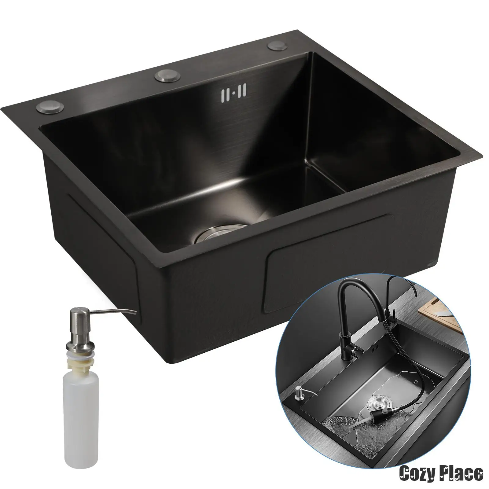 Modern Kitchen Sink Set Stainless Steel Sink on Countertop 1-Slot W/ Vegatable Basin Drain Accessories Soap Dispenser Matt Black