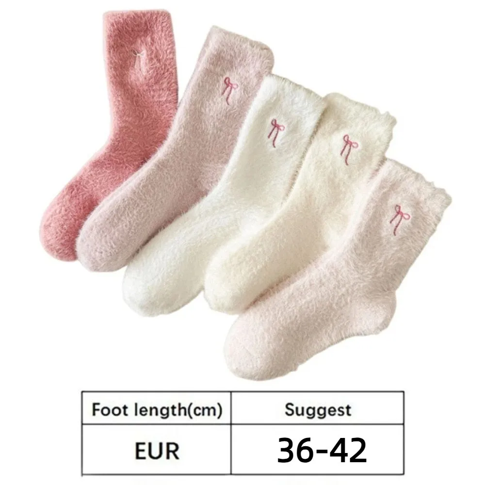 5Pairs الحلو الوردي Bowknot المرأة سميكة الجوارب لطيف لينة النوم الجوارب تنفس مريحة الأوسط جوارب أنبوبية الطقس البارد #6