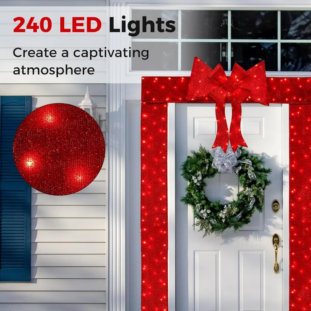 照明付きクリスマス出入り口アーチ、240個のLEDライト付きライトアップクリスマス装飾、取り外し可能な弓、取り付けネジ、ジップタイ