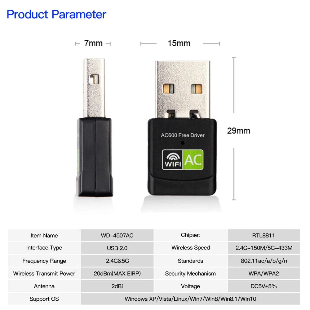 600Mbps USB WiFi Adapter Dongle Dual Band 2.4G&5GHz USB WiFi 5 Network Wireless Wlan Receiver DRIVER FREE