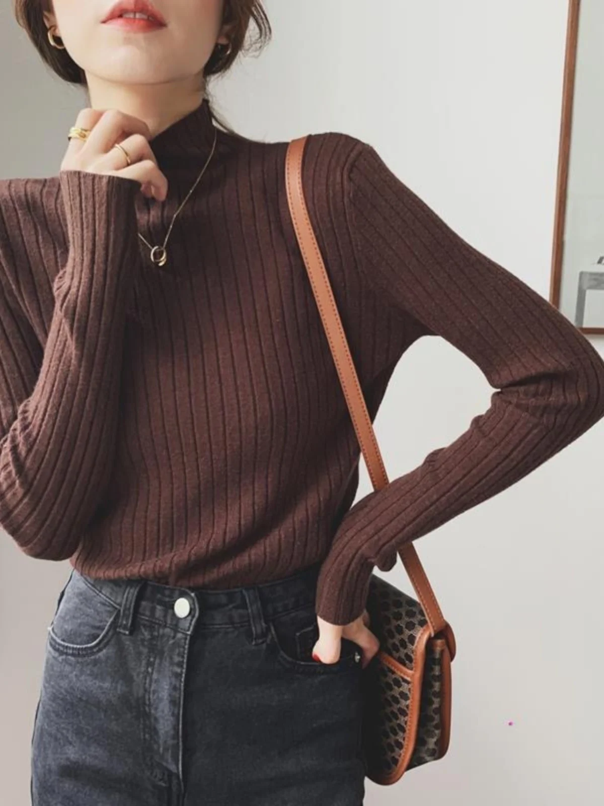 

Slim Fit Korean Style Half High Neck Knitted Sweater Women's Base Layer Short Top Outerwear Commute Fashion Regular Fit
