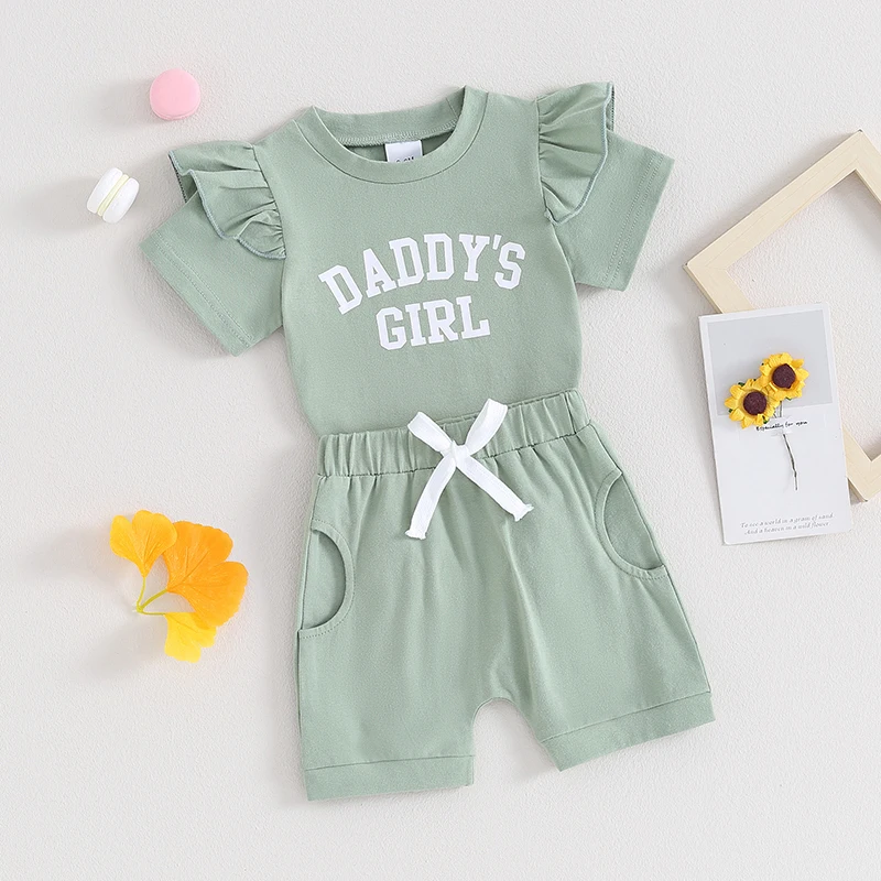 

4 Colors Baby Girls Clothing Sets Short Sleeve Letters Print O-neck T-shirts with Elastic Waist Shorts Summer 2pcs Outfits