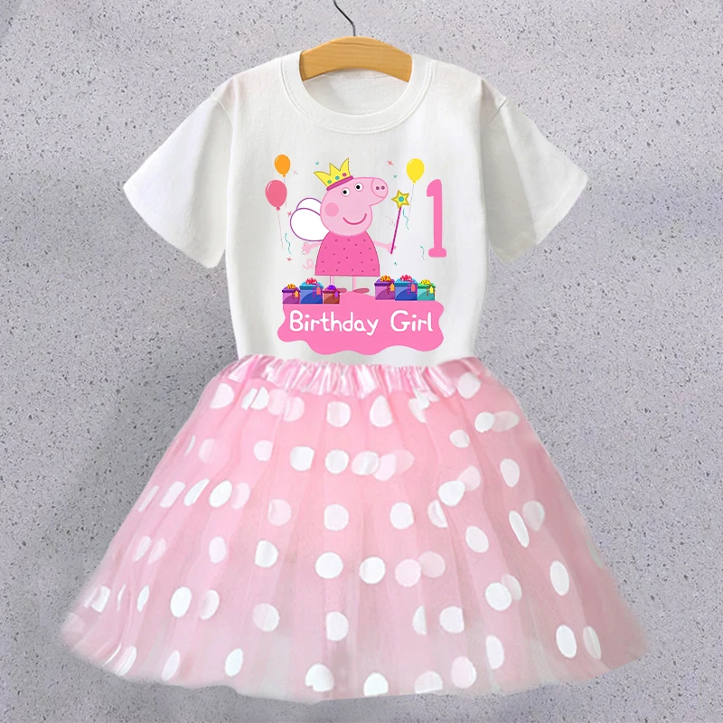 Conjunto de camiseta e saia com número de aniversário da Peppa Pig para crianças, camiseta com figura de desenho animado, saias rosa kawaii, roupas de