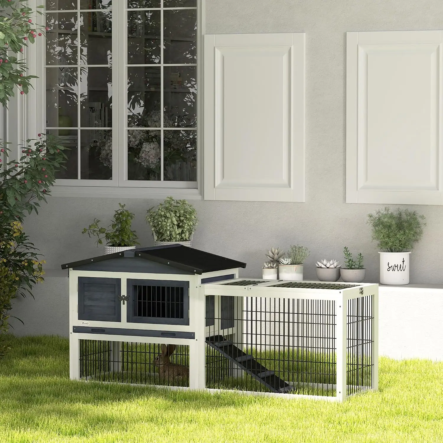 Wooden Large Rabbit Cage with Run, Weatherproof Roof, Removable Tray, Ramp, for Chickens, Ducks