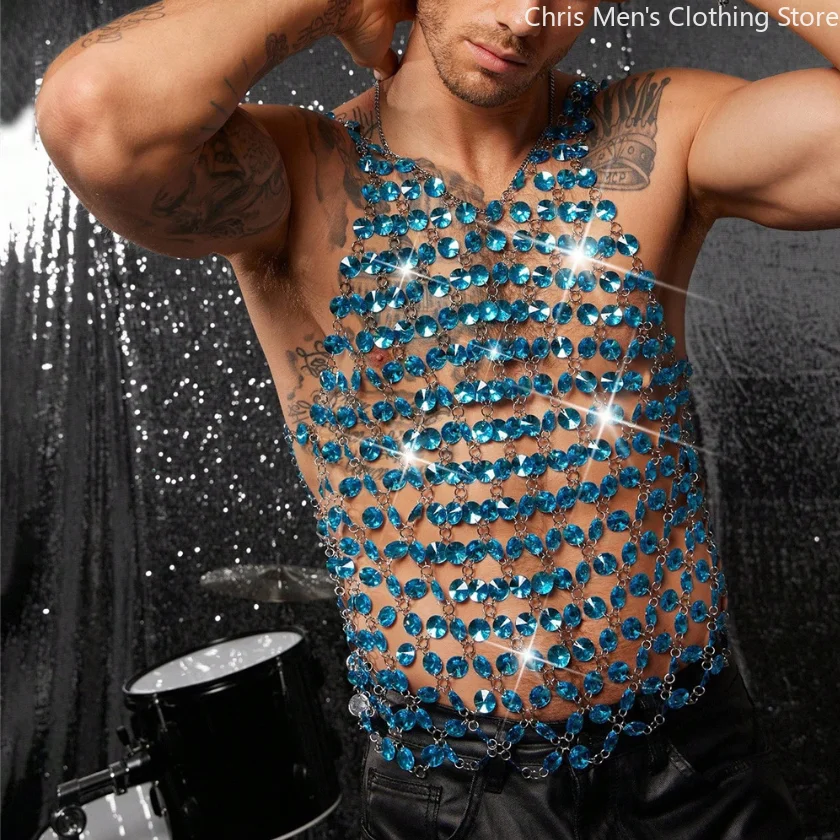 

Men's Shiny Blue Rhinestone Mesh Tank Top Sleeveless Vest Rave Party Clubwear Stage Performance Costume Men's Metal Vest