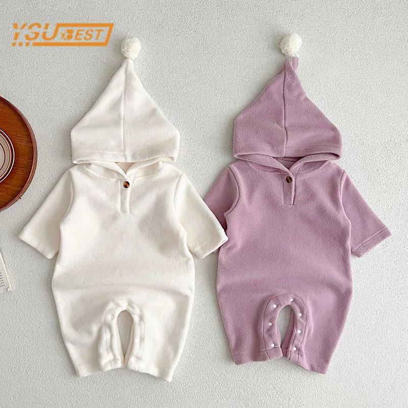 

Spring Autumn Newborn Kids Baby Girls Long Sleeve Cute Solid Color Knit Jumpsuit Infant Baby Girls Hooded Clothes Rompers