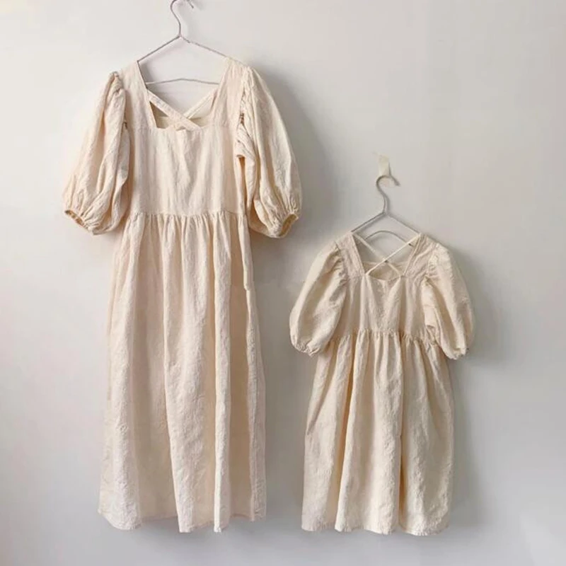 0-6Yrs Sister Matching Outfit Baby Romper Princess Dresses Baby Girls Clothes Short Sleeved Beige Flower Embroidery Girl Dress
