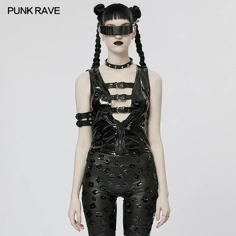 PUNK RAVE Women's Punk Style Hollow Out Sexy Slim Patent Leather Vest Handsome Cool Short Tops Tees Spring/Summer