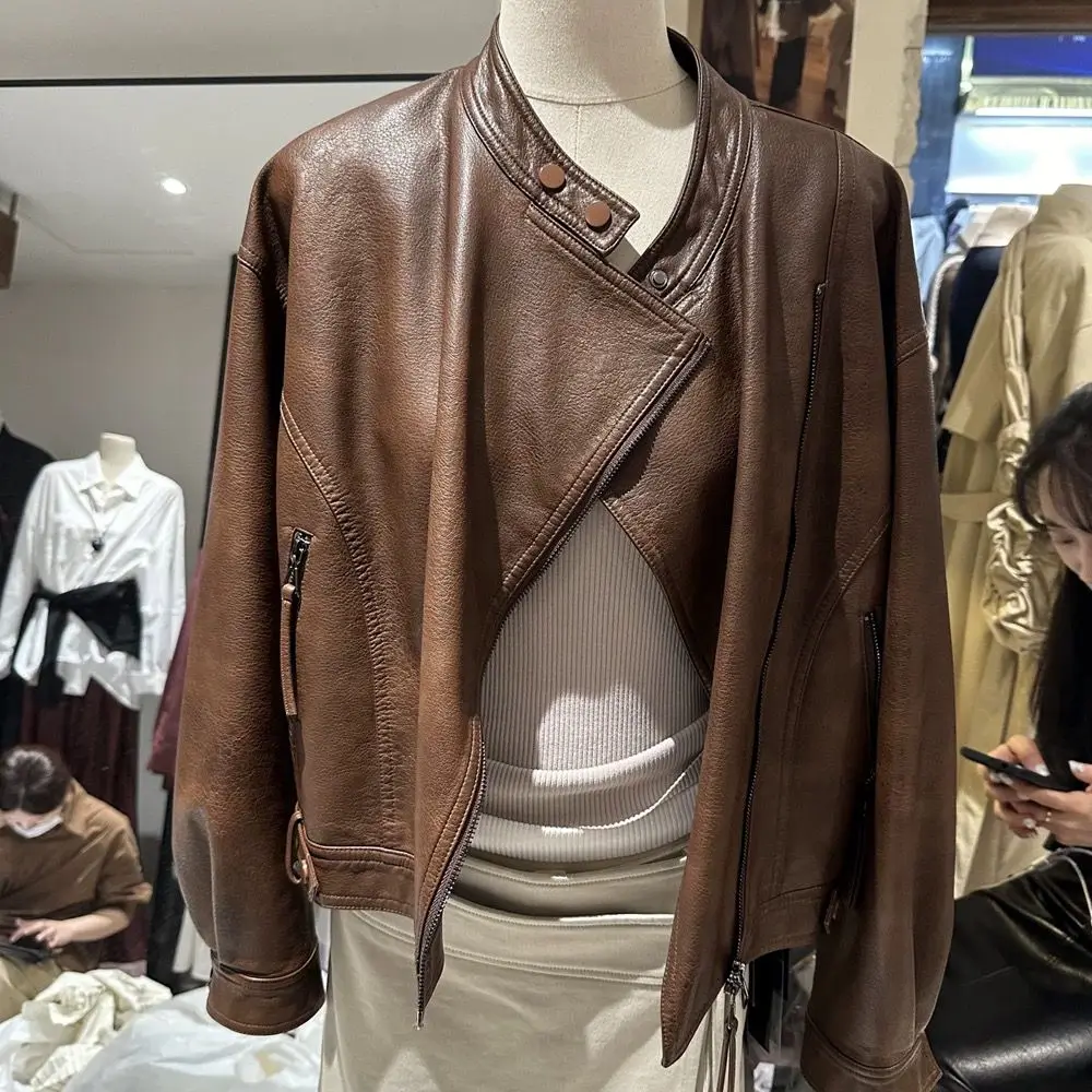 

Retro Stand Up Collar Zipper Leather Motorcycle Suit For Women 2025 Spring And Autumn Loose Jacket Fashion Jacket