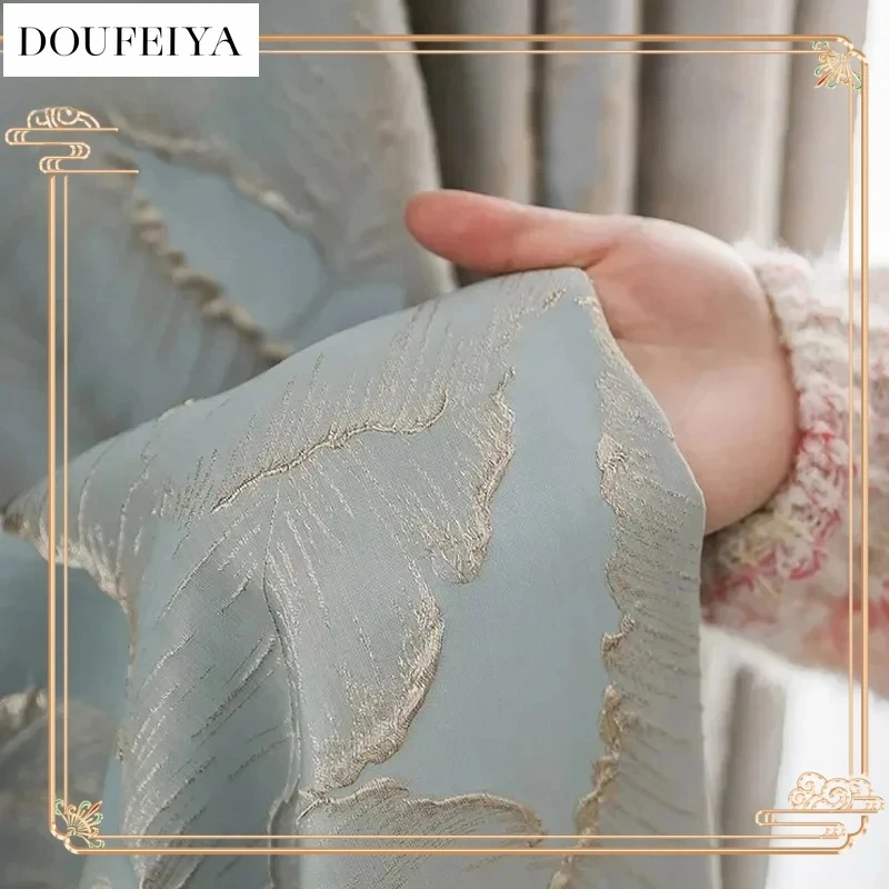 

French Pastoral Embossed High-precision Gold Jacquard Curtains for Living Room Bedroom Dining Leaves Blue Blackout Window Decor