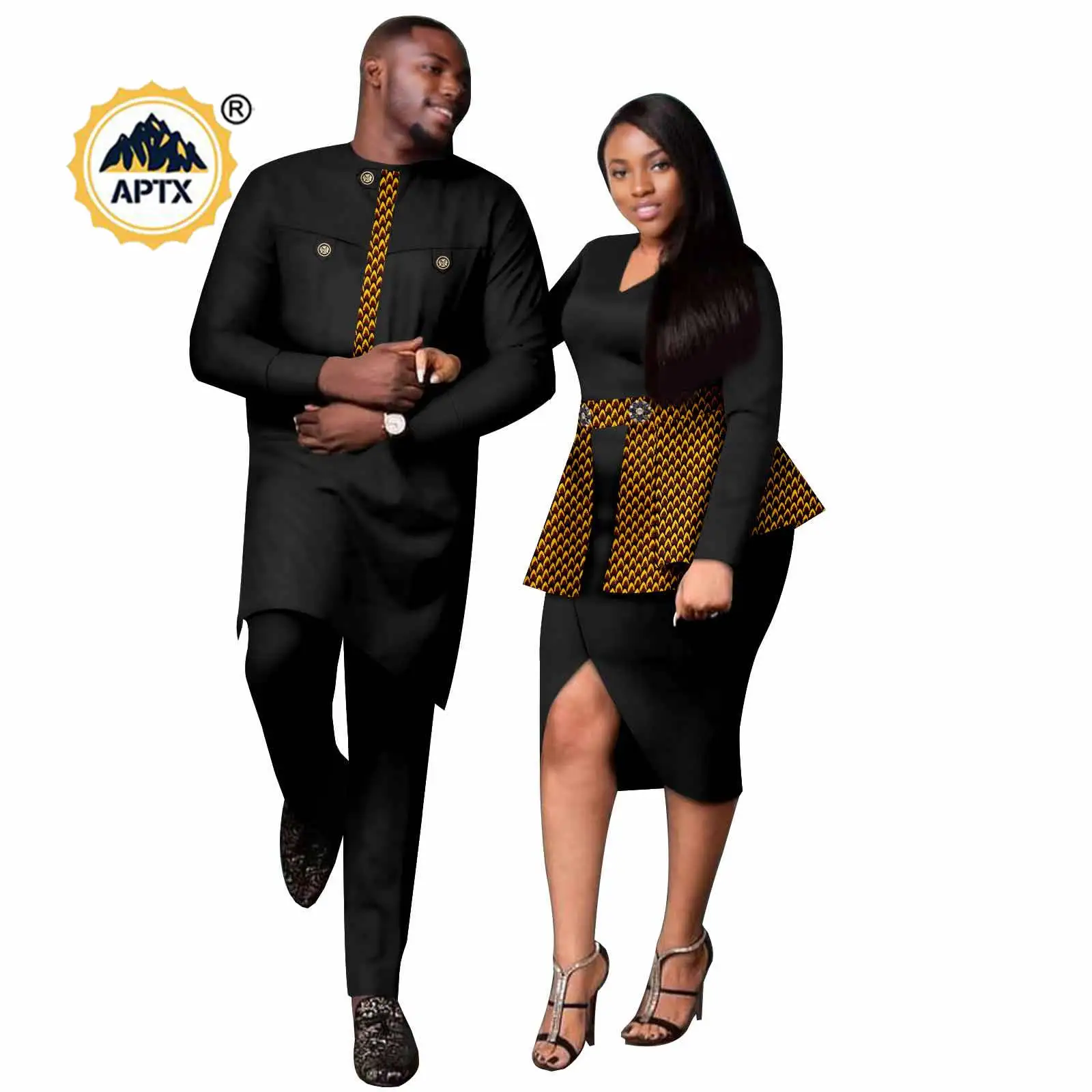 Sexy African Print CRYSTAL Button Hip Dresses for Women Matching Couple Outfits Dashiki Men Patchwork Top and Pant Sets 24C087