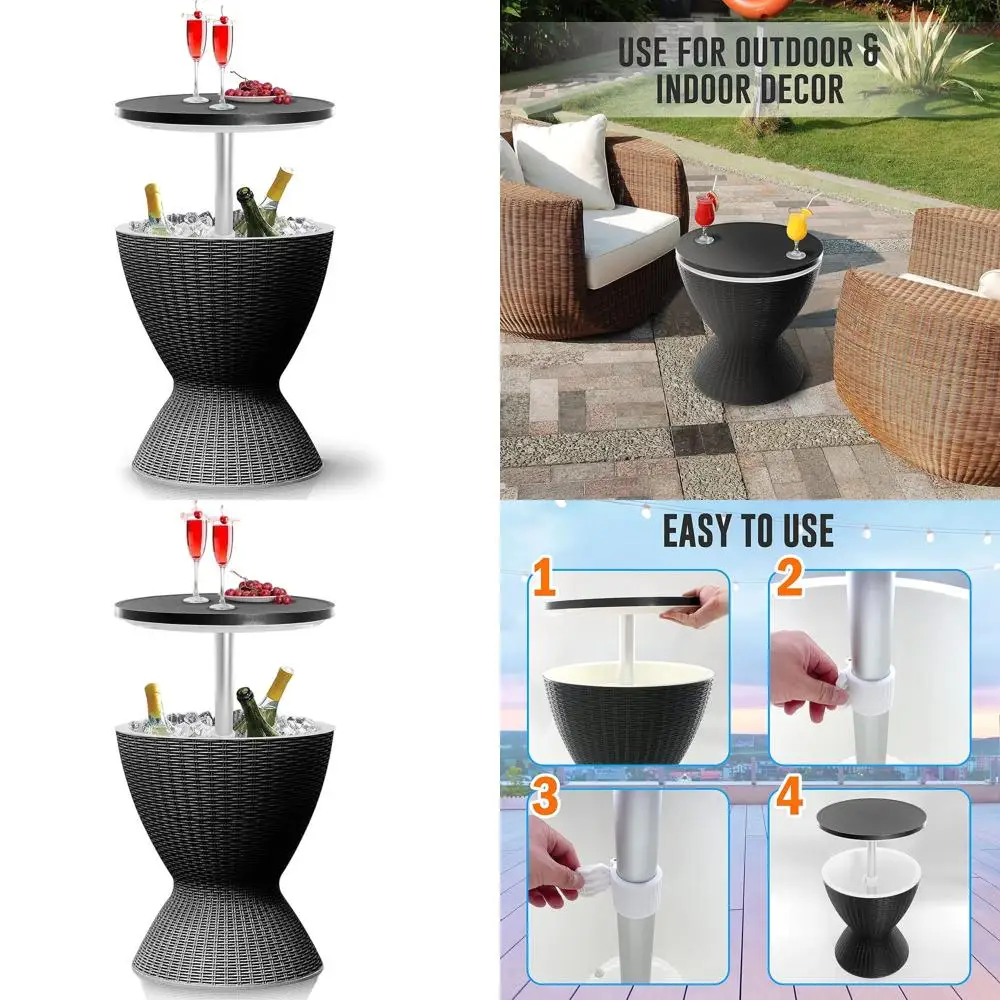 

All-Weather 7.5 Gallon Outdoor Patio Bar Table with Beverage Cooler, Rattan Style for Hot Tub and Wine Cooler (Black)