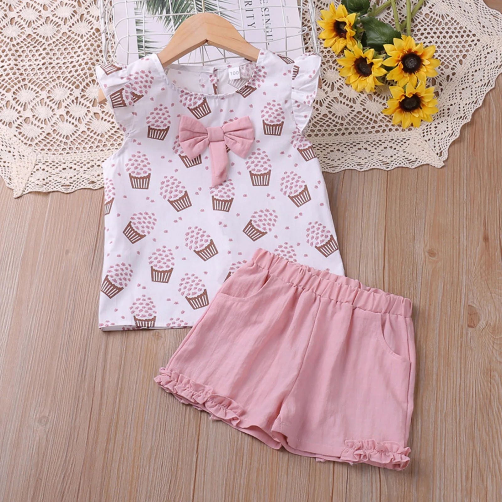 1 2 3 4 5 6 anni Set di abbigliamento per ragazze senza maniche Summer Ice Cream Bow Top t-shirt + pantaloni 2 pezzi Suit Toddler abbigliamento per