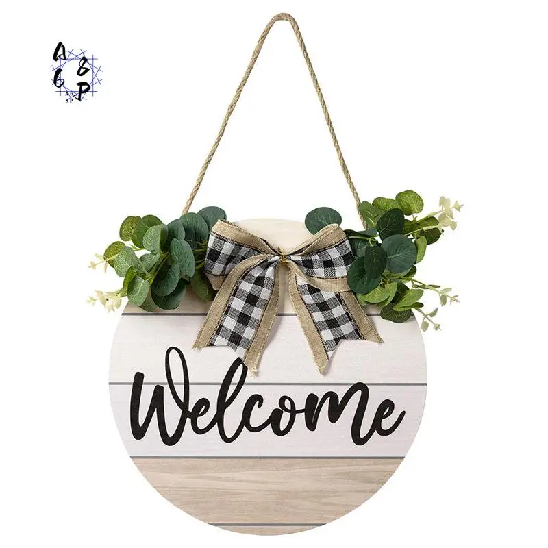 A68P-Welcome Sign Front Door Bright Green Leaf Arch Garland Rustic Round Wooden Wall Decor For Farm, Porch, Door