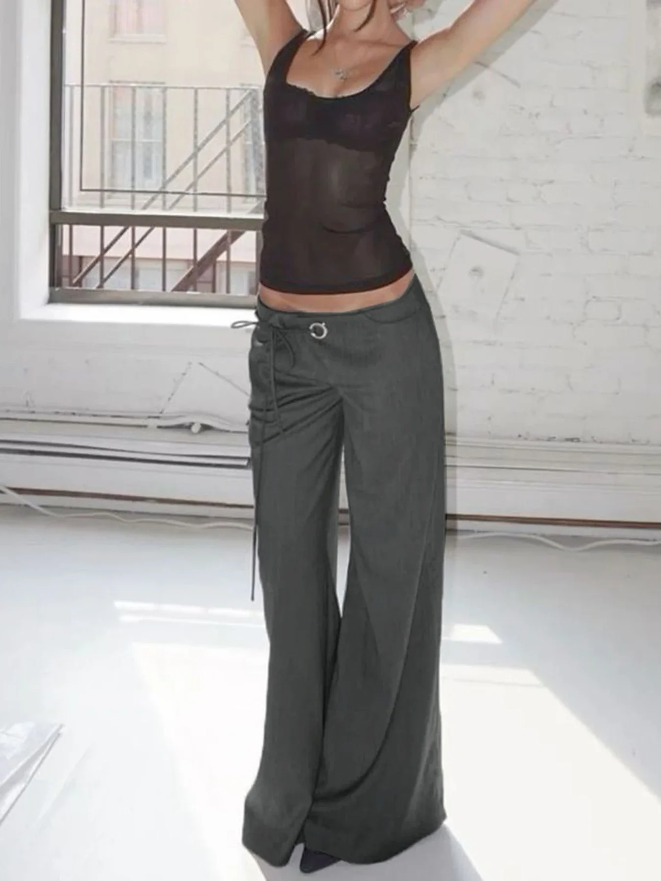2025 Lace Up Loose England Style Trousers Fashion Low Waisted Solid Pants Vintage Aesthetic Leisure Bottoms for Women