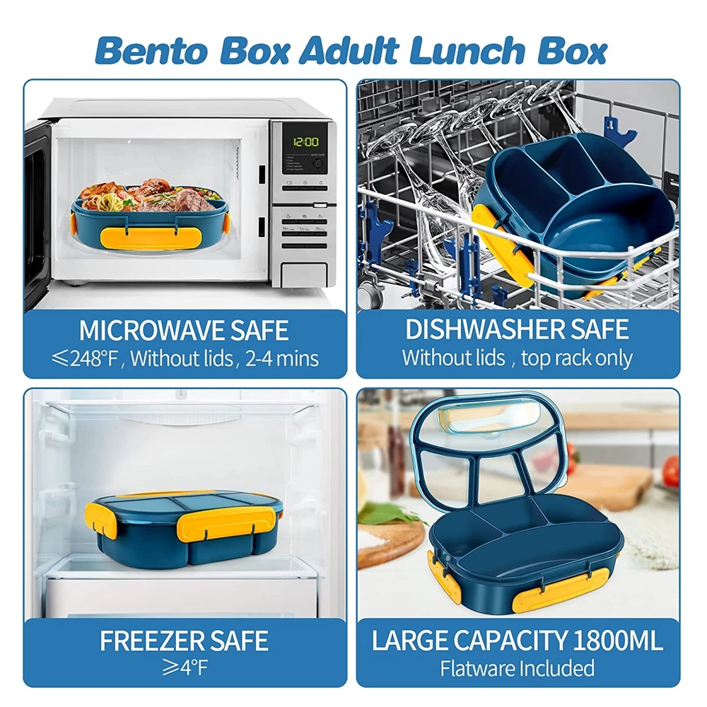 1800ML Bento Box for Adults Kids Lunch Container Bento Boxes Leakproof Micro-Wave Dishwasher Safe Blue Purple Food Storage Box