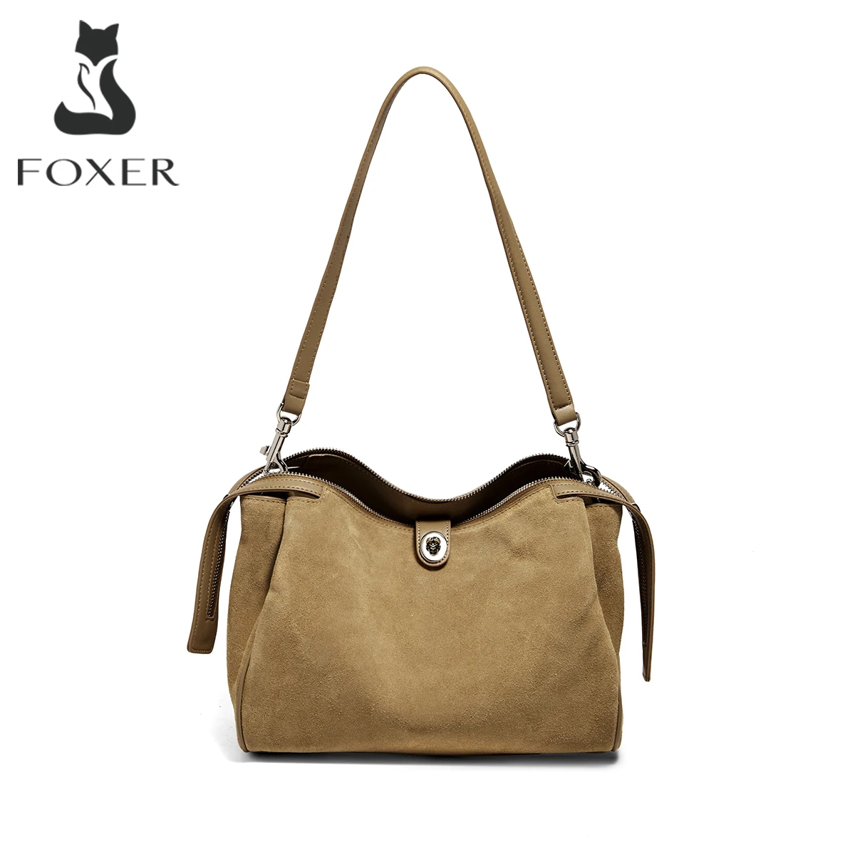 FOXER New Genuine Leather Women Hobo Bag Cowhide Lady Zipper Crossbody Shoulder Bag Female Simple Fall And Winter Composite Bags