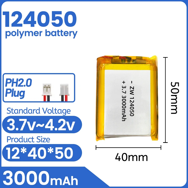 

3.7V 124050 3000mAh Lithium Battery +PCB JST1.25 plug XH2.54 plug PH2.0 plug Li-Polymer Li-ion Battery Lipo