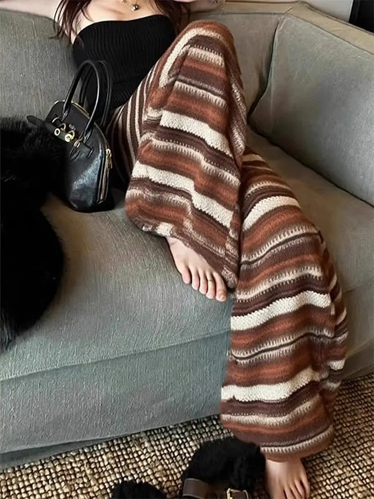 

Thiened Fce Широкие брюки Женские осенне-зимние домашние брюки для отдыха Верхняя одежда Повседневные брюки с высокой талией в полоску