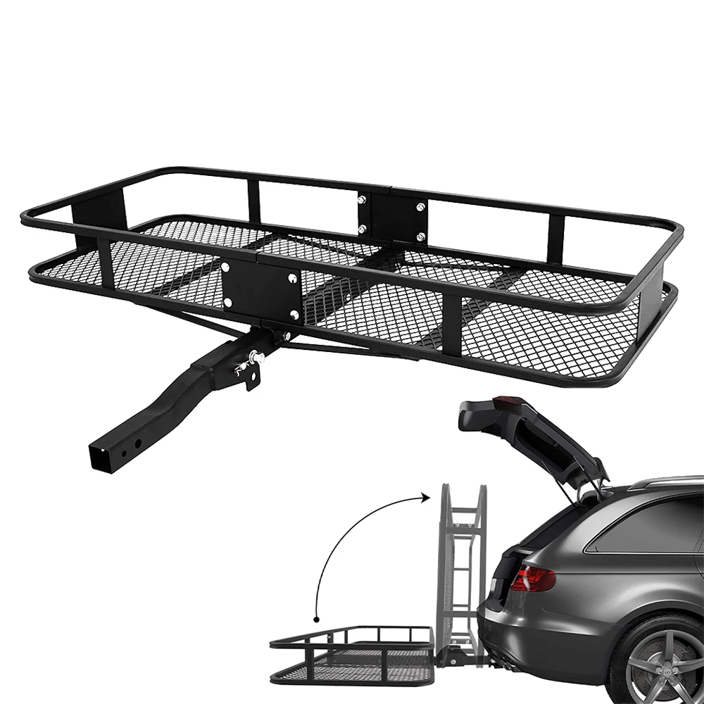 Car Luggage Rack Foldable Hitch Mount Rear Cargo Carrier Basket Steel Angled Shank Ground Clearance Fit 2 Inch Receiver Truck RV