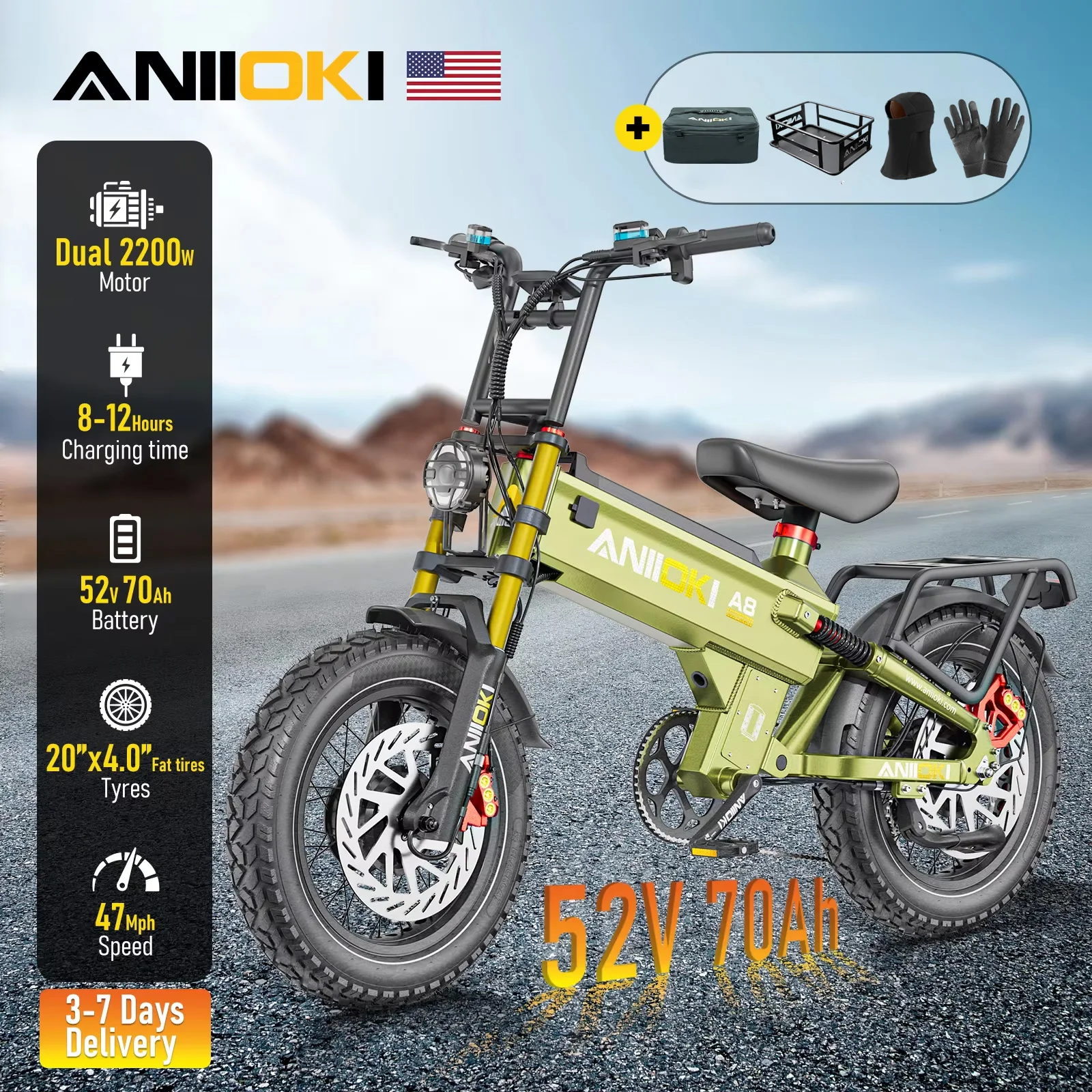 

ANIIOKI Electric Bike Dual Motor 52V 70Ah 5400W Long Battery Life Electric Bike 47mph EBike A8 Pro Max AWD 20"*4" Fat Tires