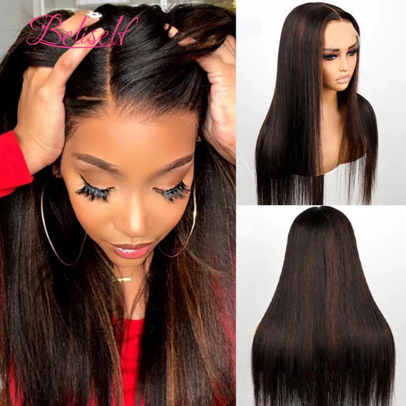 1B 30 Black Brown Highlight Wig Human Hair Straight 360 Invisible Strap Lace Frontal Wigs Pre Bleached 360 Lace Wig Beliself