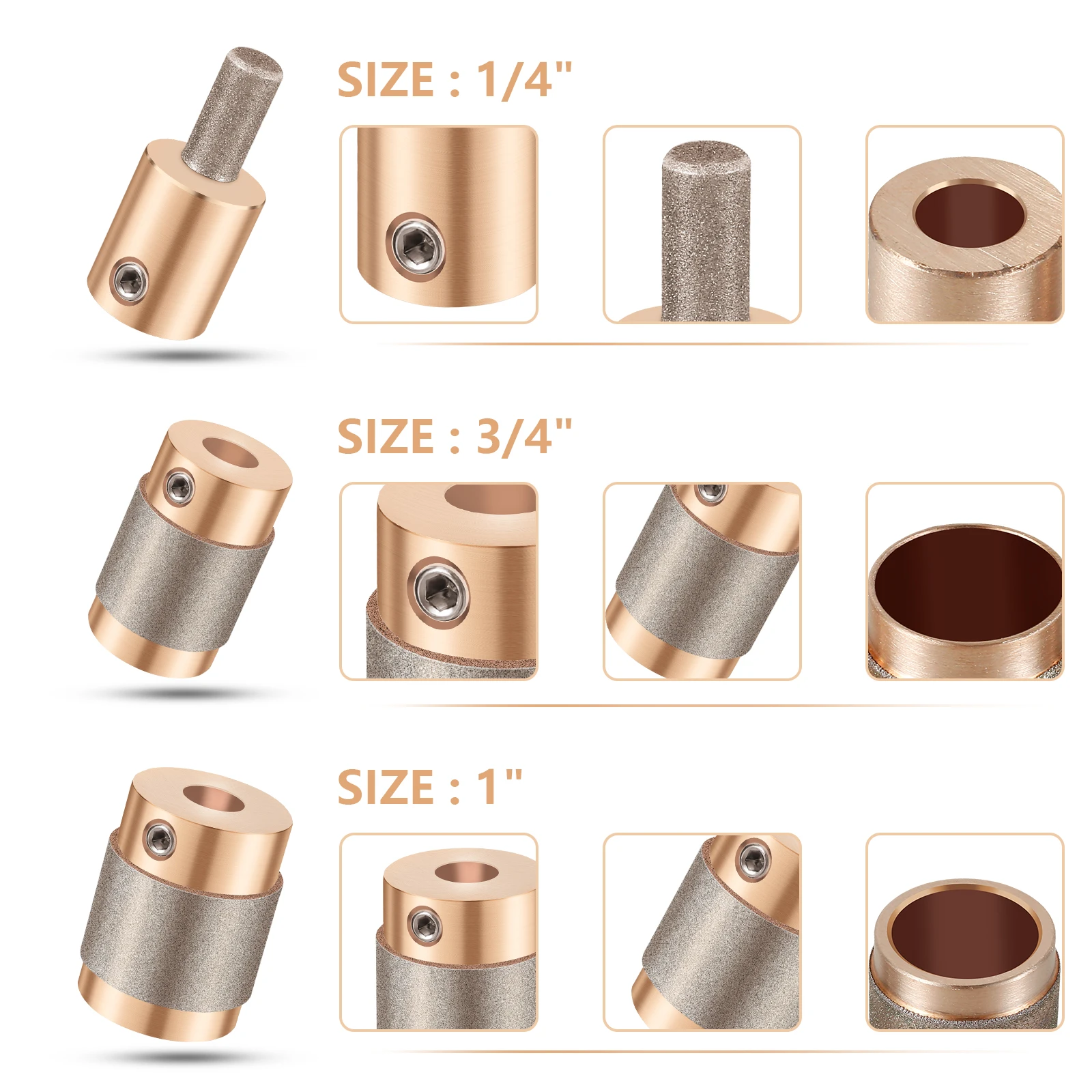 Prémio de vidro Diamante Grinder Bits Kit, Grinder Head, Broca Cerâmica, 3 Chaves, 1 ", 3", 4"