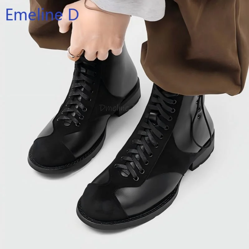 Men Fashion Patchwork Short Boots Lace Up Design Back Zip Fastening Round Toe Leather Suede Splicing Daily Streetwear Ankle Boot