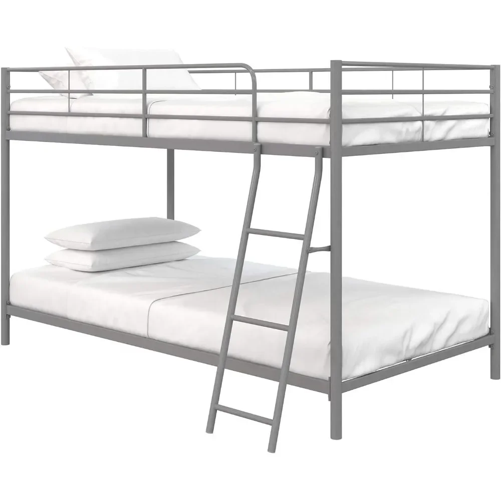 

Low Metal Bunk Bed Frame for Kids, Teens and Adults, With Angled Ladder, High Guardrail, Metal Slats, Smooth Rounded Edges