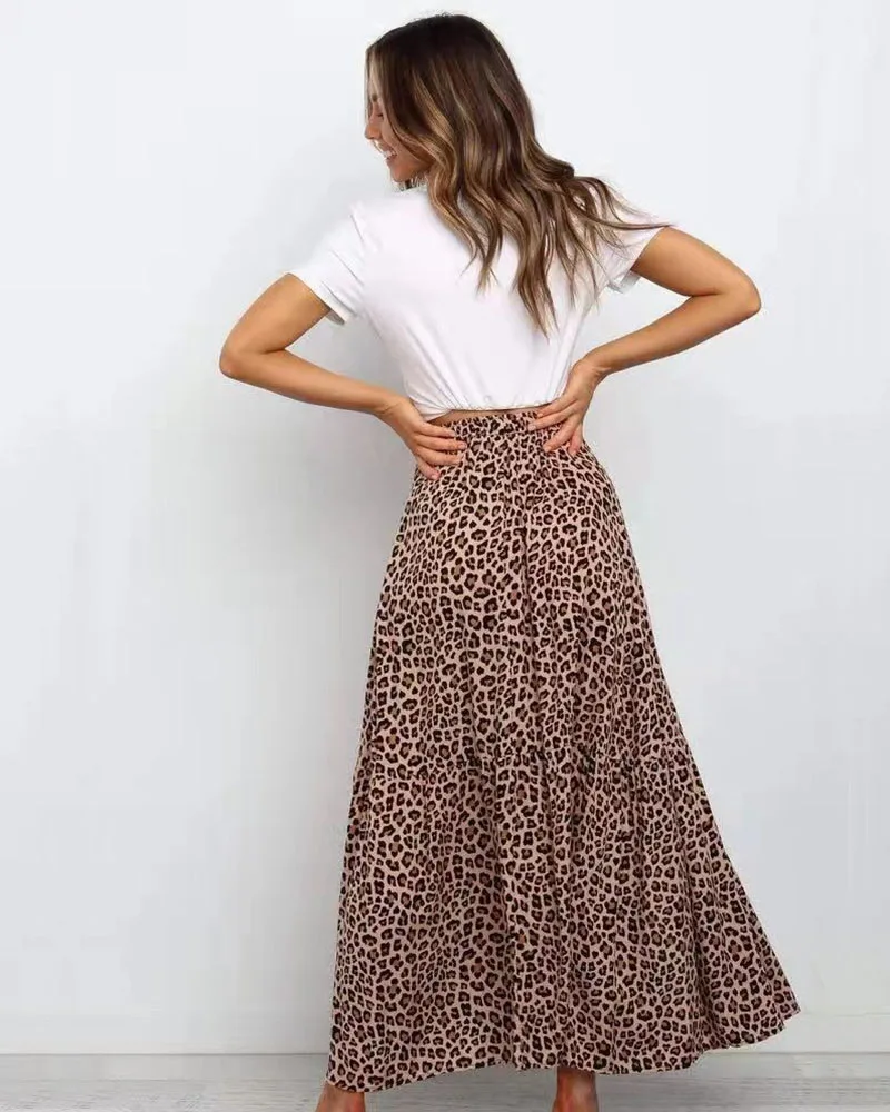 The new luxury Spring and autumn elastic high-waisted brown leopard print spun rayon burst skirt