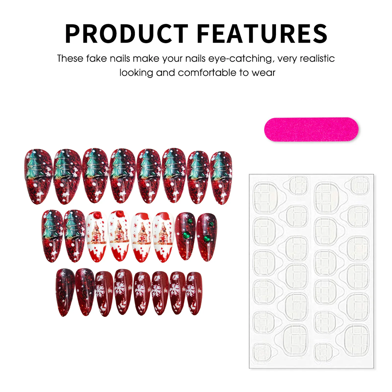24pcs Glitter Red Almond False Nails Xmas Tree Snowflake Designs Press On Nails Christmas Theme New Year Wearable Fake Nail Tips