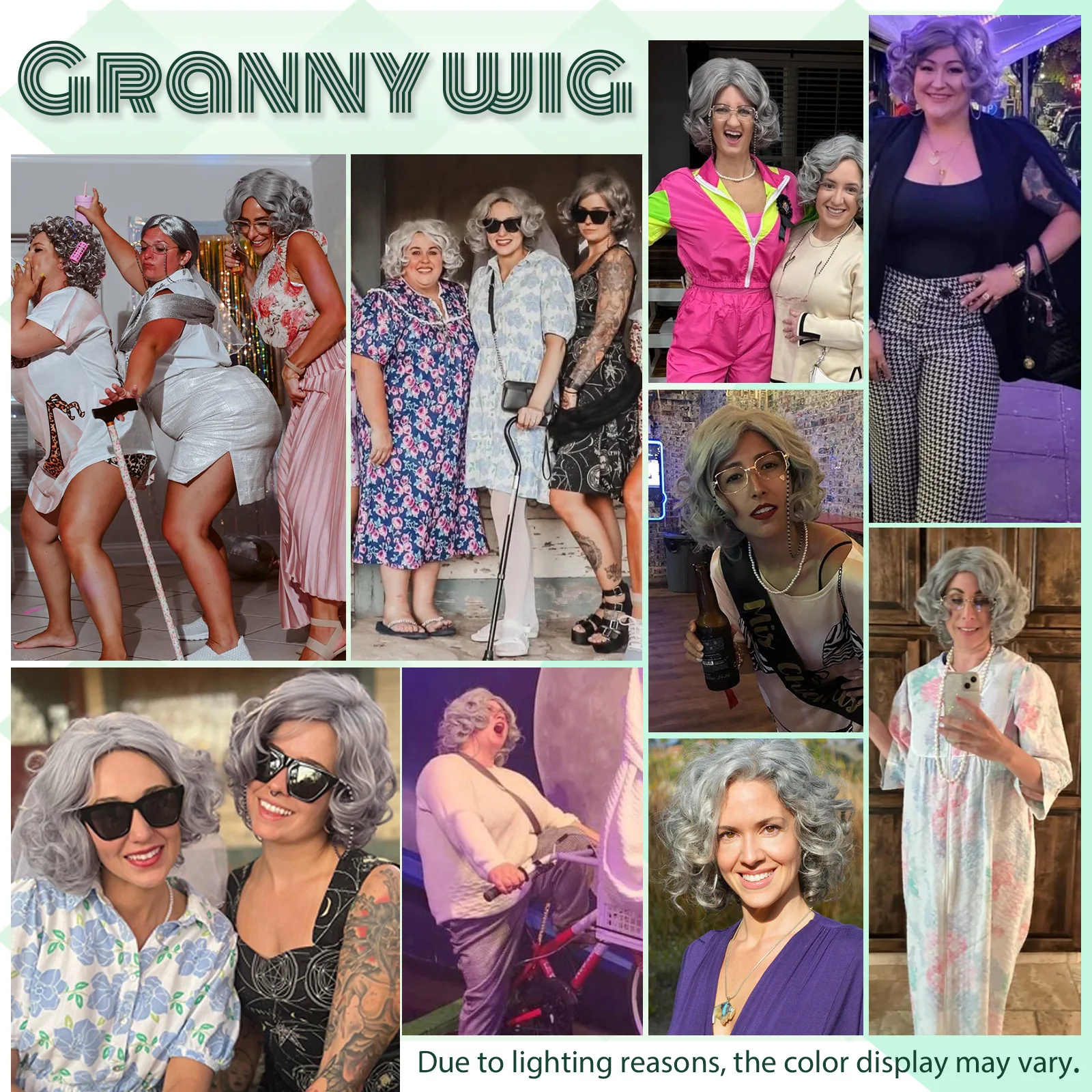 Wig dan Aksesori Kostum Wanita Tua untuk Wanita Wig Nenek Keriting Abu-abu Wig Nenek Sintetis untuk Cosplay Halloween 100 Hari