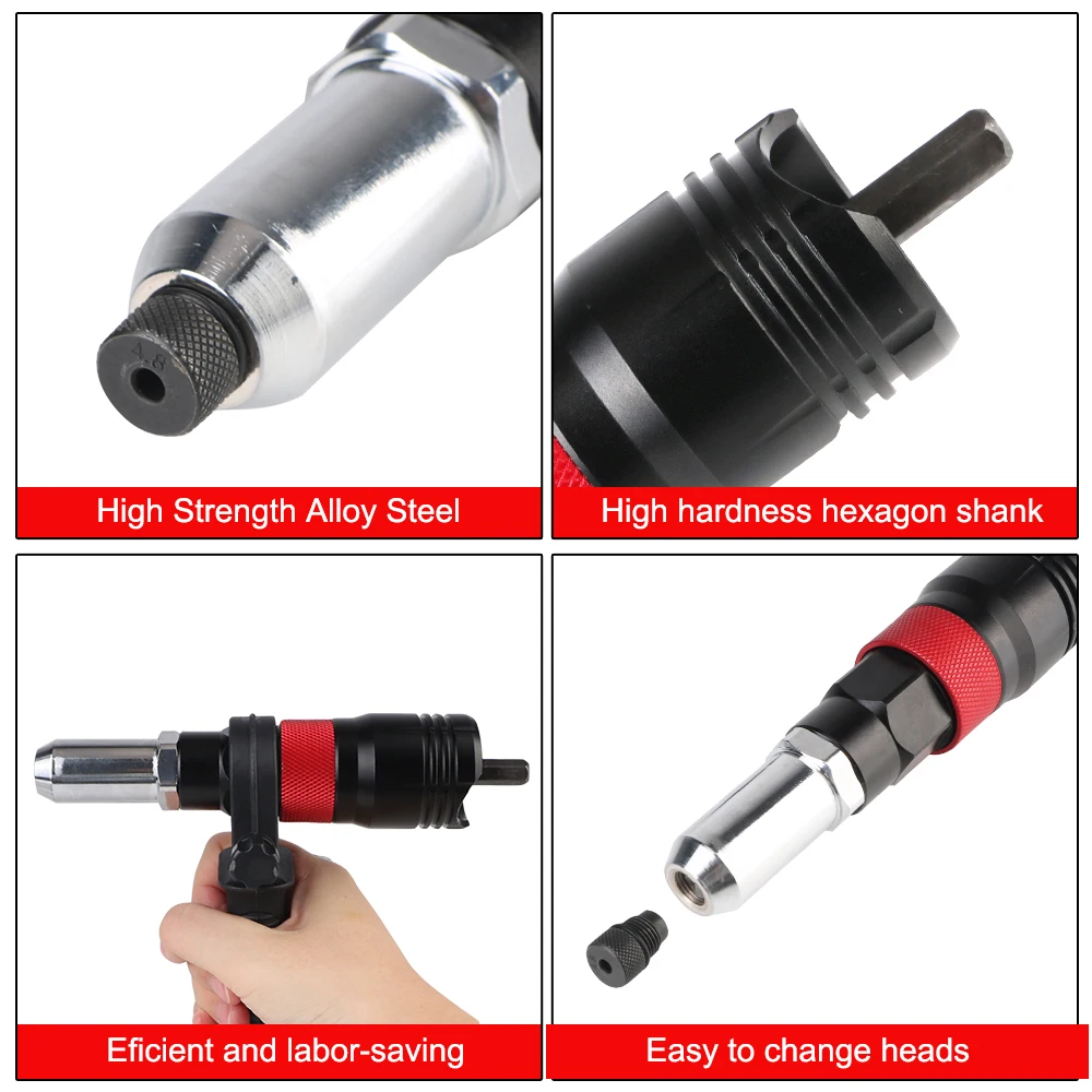 Electric Rivet Nut Tool Insert Nut Riveting Tool Home Cordless 2.4MM/3.2MM/4.0MM/4.8MM/6.4MM Adapter Kit Rivet Nut Gun Converter