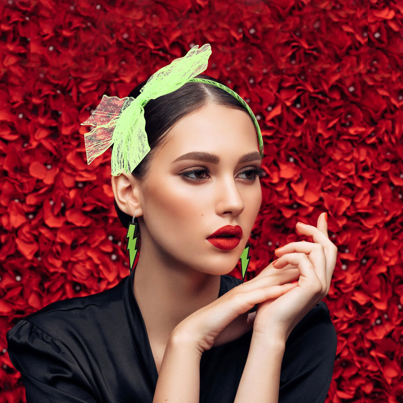 Akcesoria imprezowe z lat 80. Rękawiczki kabaretki Kostiumy z lat 80. Bolt Czarna koronkowa opaska na głowę Neonowe kolczyki